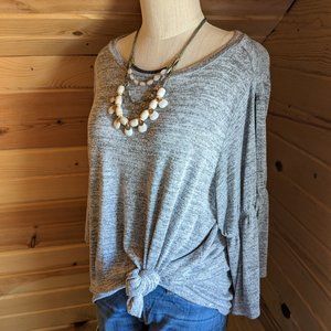 Grey Tie-Detail Bell Sleeve Brushed Knit Top